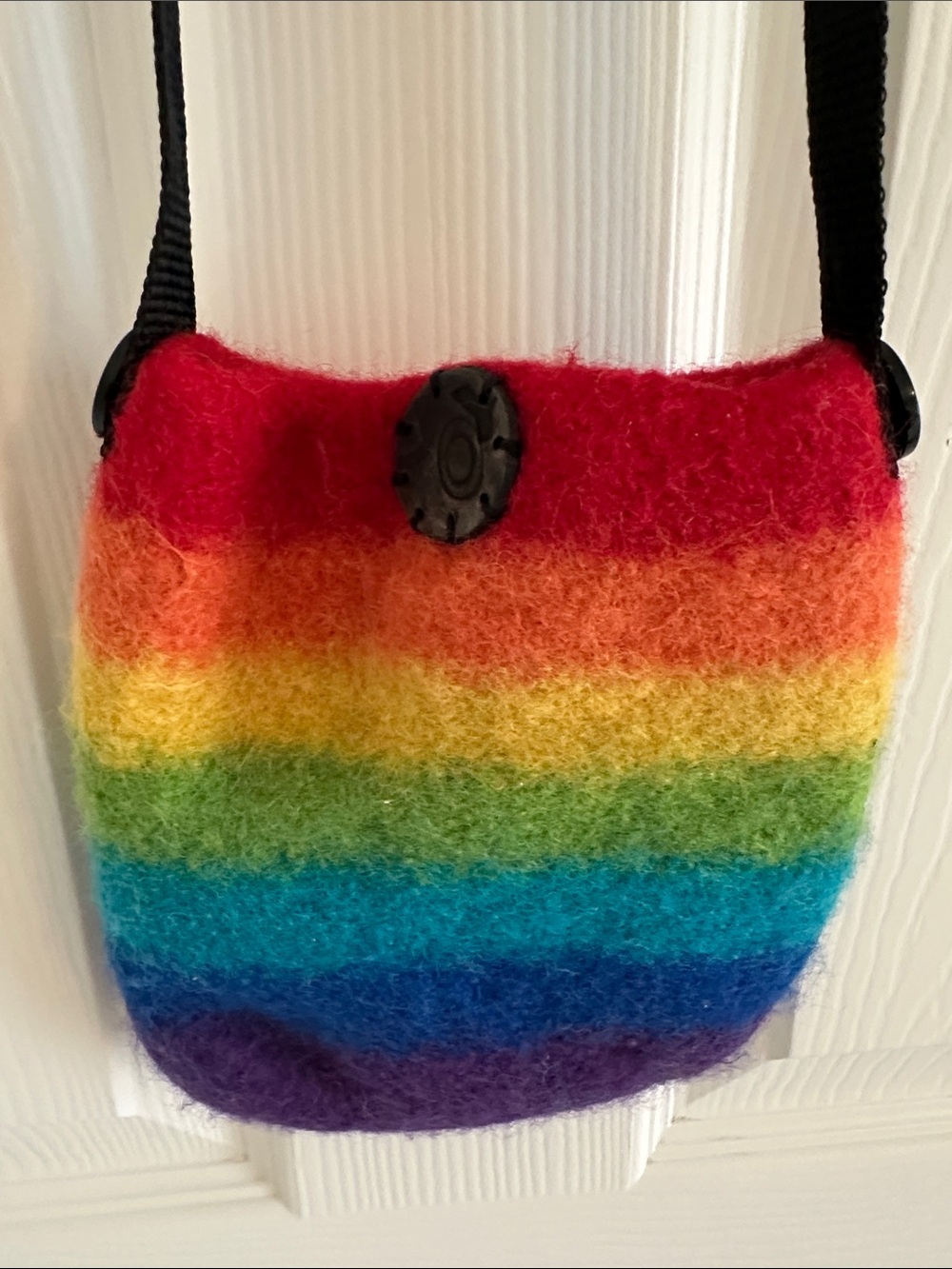 Handmade vibrant boho rainbow striped boiled wool purse/bag with leather buttons